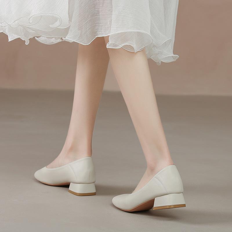 Soft Heel Comfortable High Heels Girl Thick Heel Niche Beige Simple Square Head Single Shoes