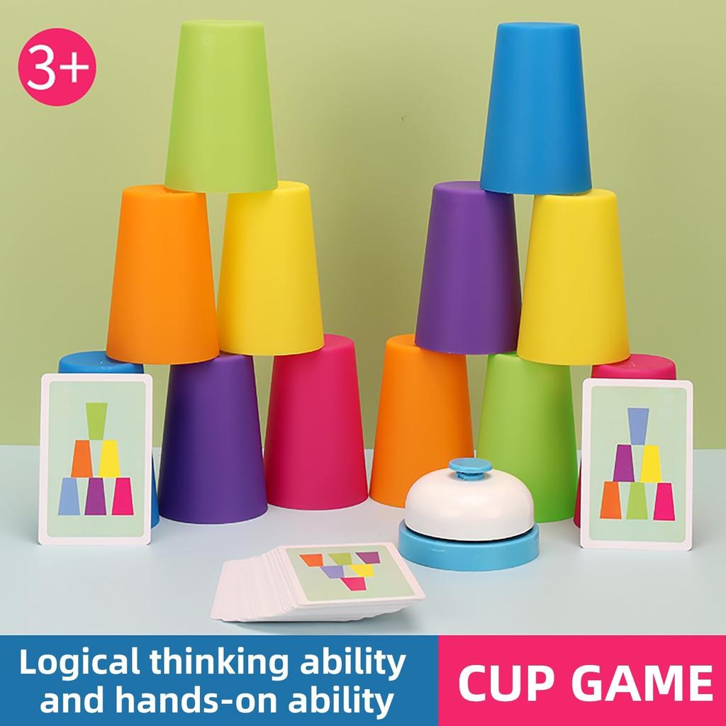 12 Cups Stacking Tower Game Set with 54 Cards 1 Bell - Color Sorting Cognitive Training Tabletop Interactive Toy for Puzzle Comp