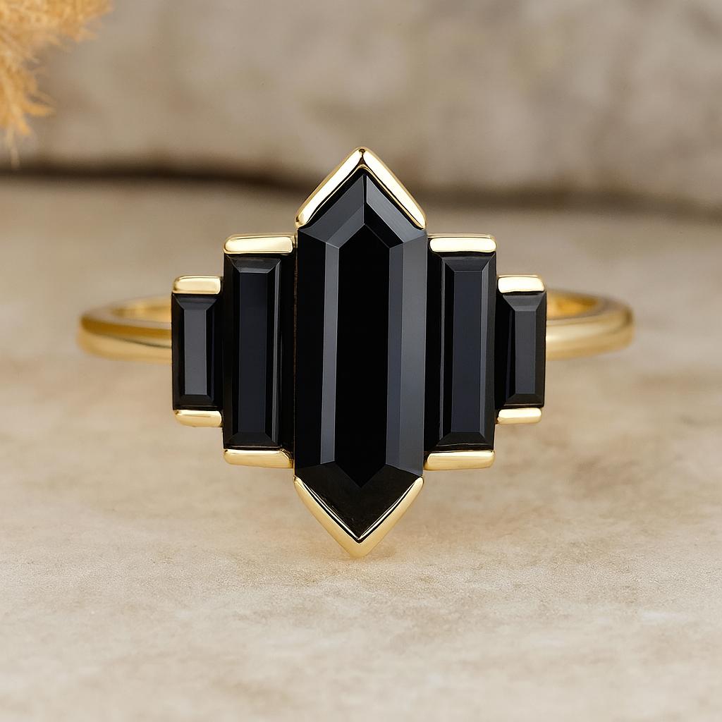 

Кольцо-шестиугольник с черным ониксом, Юбилейное кольцо, Кольцо для помолвки с полуободковой закрепкой, Посеребренное ювелирное изделие с позолотой K серебряный