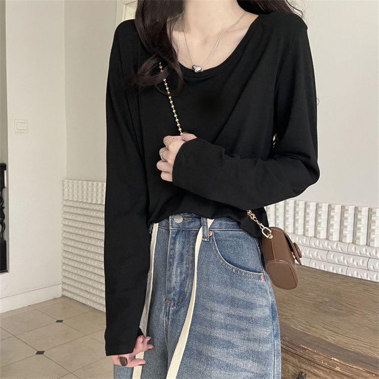Women's Casual Slim Long-Sleeve T-Shirt – Versatile Solid Color for Early Autumn