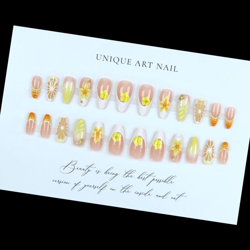 24st Press-On AkrylNaglar 3D Citron Gradient Gul & Vit Blommig, Mini StålPärlor, Franska Falska Nageltippar, SommarManikyr NageldekorationsMaterial