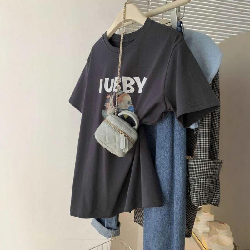 

American Retro Round Neck Straight Shoulder T-Shirt for Women, Summer Design, Niche Style, Plus Size, Loose Fit, Tummy-Covering, Pure Cotton Top Khaki 3XL [Recommended 72.5-80kg]
