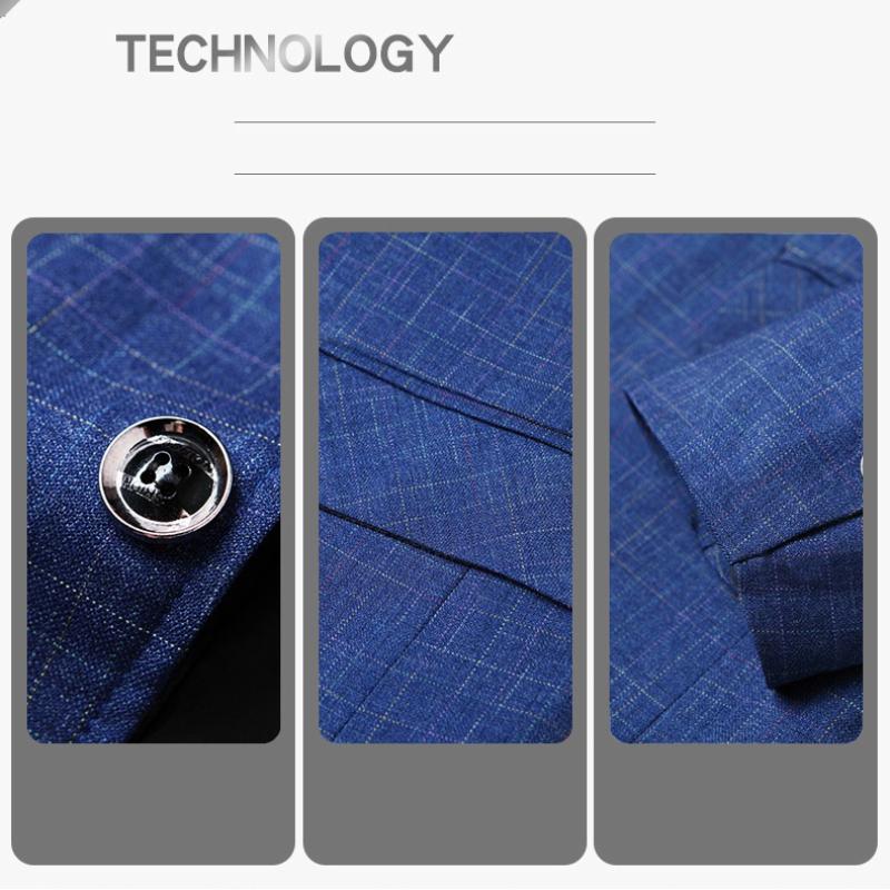 Spring Autumn Blue Checkered Non-iron Suit Jackets for Men Black Light Business Casual Men Blazer Slim Fit