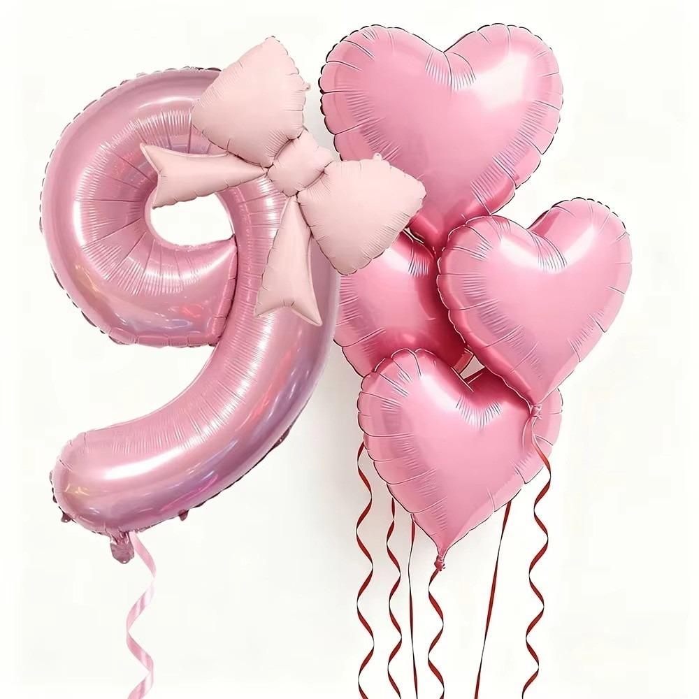 

6pcs with Bowknot Pink Number Foil Balloon Romantic Birthday Party Balloons For Engagements Wedding Pink 9
