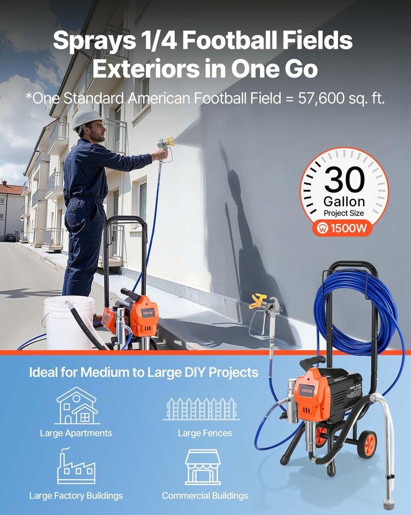 Stand Airless Paint Sprayer, 1500W, 3300PSI High Pressure Airless Sprayer with Cart, Cleaning Brush, Hose, Extension Rod, Nozzles, Electric Spray