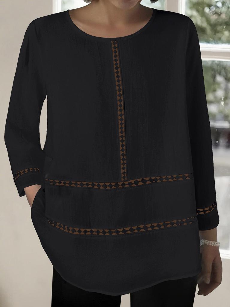 2025 Women's Semi-Transparent Solid Color Round Neck Hollow Long Sleeve Loose Cotton Shirt - Middle Eastern Style