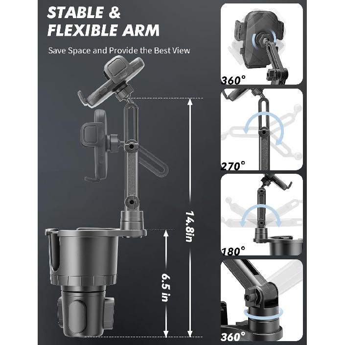 Cup Holder Phone Mount for Car, Phone Cup Holder for Car iPhone with Expandable Base, Compatible with iPhone Samsung All Phones (1 Pack)