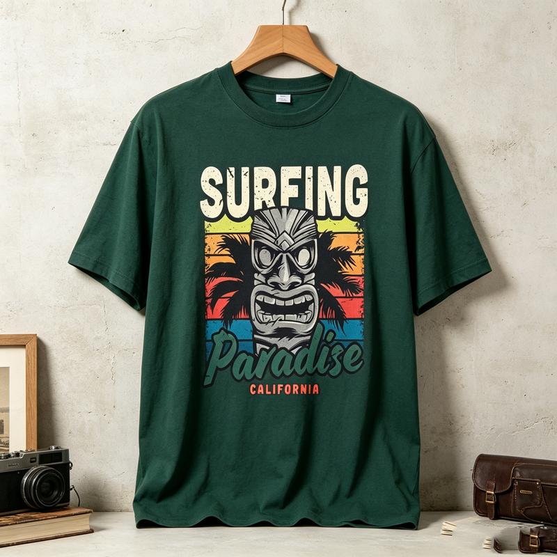 Surfing Paradise California Tiki Mask Palm Tree Vintage Graphic T Shirt Unisex Unisex Cotton Short Sleeve Tee Beach Surf Casual