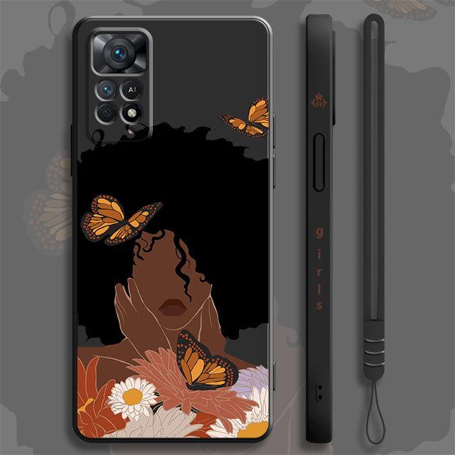 Hübsches afrikanisches Mädchen Gänseblümchen Blume Schmetterling Flüssighülle für Xiaomi Redmi Note 11 11t 9 9s 8 10 Pro für Redmi 8 9t 9a 9c 10c Abdeckung