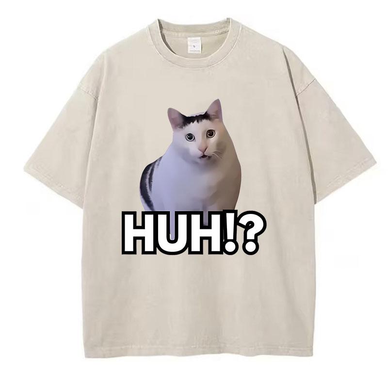Manga T-Shirt Vintage Gewaschenes Baumwoll-T-Shirt Katze Sagt Huh Anime Grafik-T-Shirt Lässige Streetwear Frühling Sommer T-Shirt
