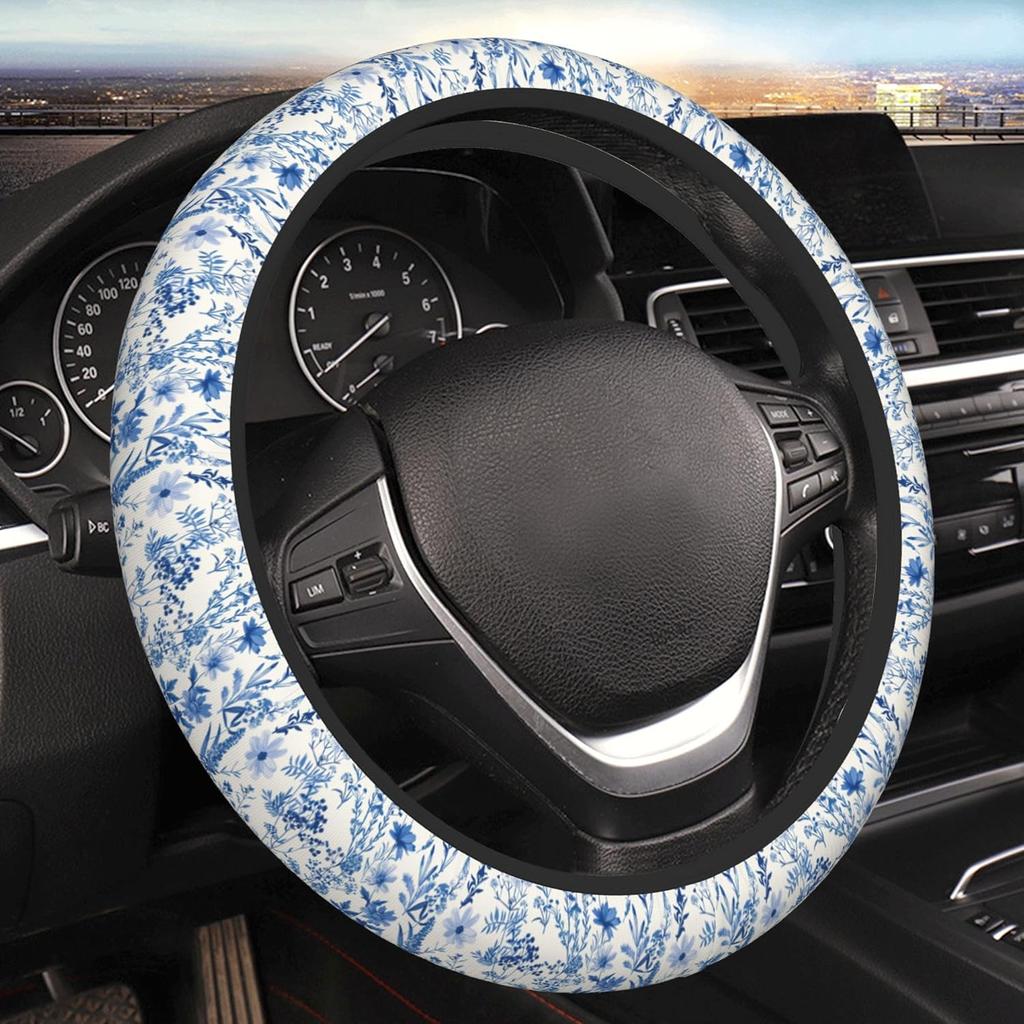 Blue Floral Steering Wheel Cover For Women & Men – Universal 15 Inch Car Accessories, Non-Slip & Stylish Design, Fits Most Cars, SUVs, And Auto