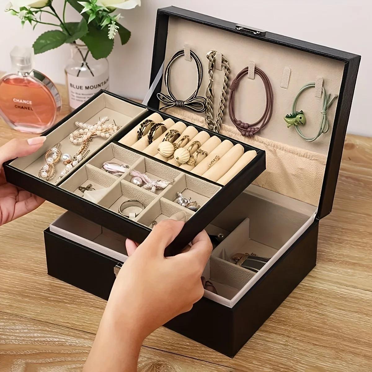 

1pc- Portable Jewelry Box Jewelry Organizer Display Travel Jewelry Case Boxes Button Leather Storage Jewelers чёрный