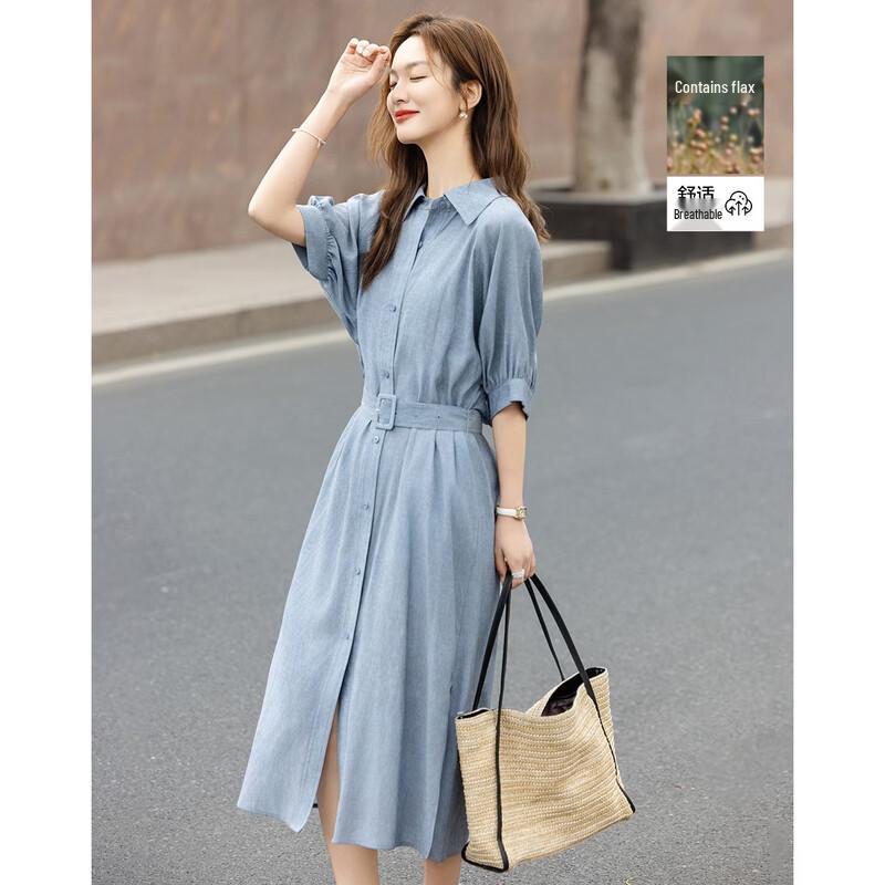 Demana Linen Blend Belted Lapel Mid-Sleeve Shirt Dress L