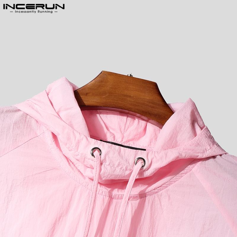 INCERUN Pánské topy s dlouhým rukávem, mírně průsvitné, volné, s kapucí a stahovací šňůrkou