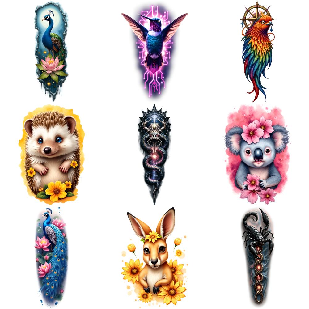 9pcs Temporary Tattoo Octopus Tattoo Colorful Realism Peacock Tattoo Eagle Tattoo Waterproof Long-lasting Body Stickers For