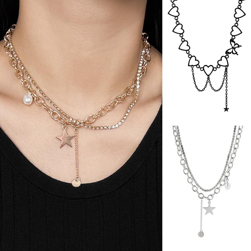 Accessories, simple full diamond heart-shaped necklace for women, sweet and cool asymmetric butterfly star-shaped fringed necklace.