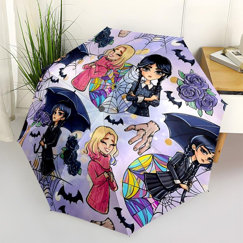1pc Wednesday Addams Automatic Folding Umbrella, Durable Plastic & Iron, Lightweight for Outdoor Daily Use 018