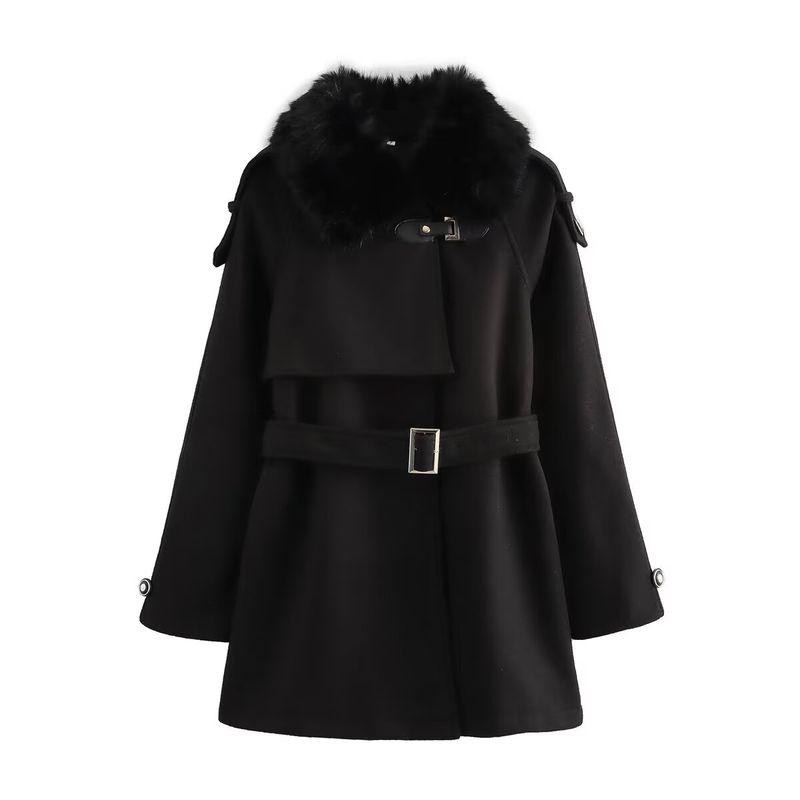 

Kaslead New Arrival Women s Clothing Fashion Style Fashion Simple Casual All-Match Hair Bow Tie Woolen Coat Outerwear Black L
