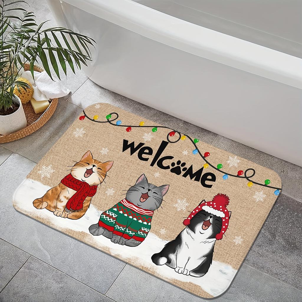 Plush Cat Welcome Doormat, Ultra-Soft Absorbent Polyester Rug, Non-Slip Christmas Decor for Bathroom Living Room Rug