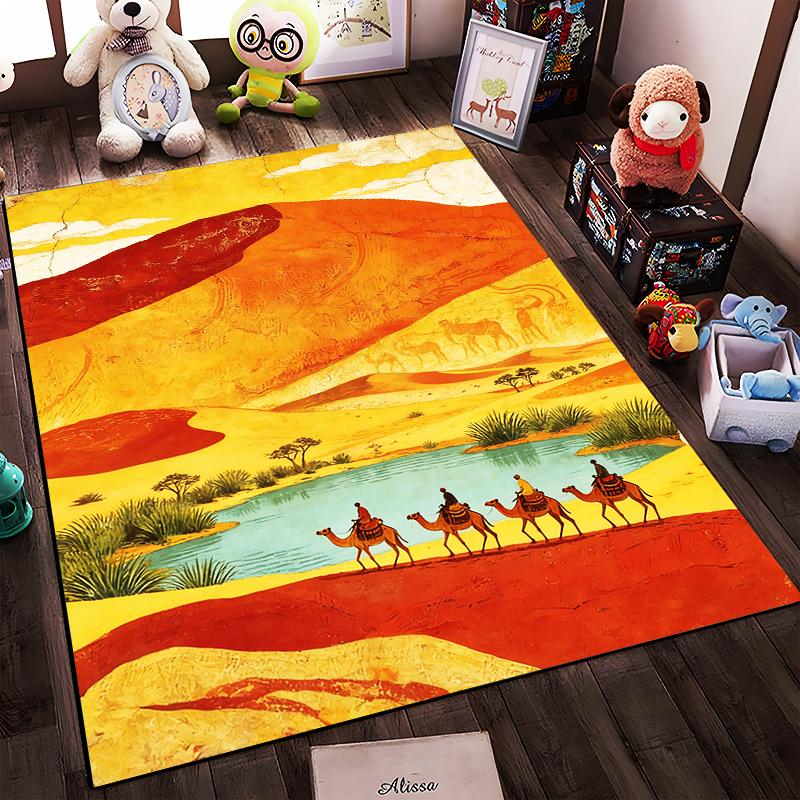 Wüstenlandschaft Teppich mit Kamelen, Lebendige Farben, Einzigartiges Design Geeignet für die Verwendung als Antirutsch für Wohnzimmer Schlafzimmer Sofas