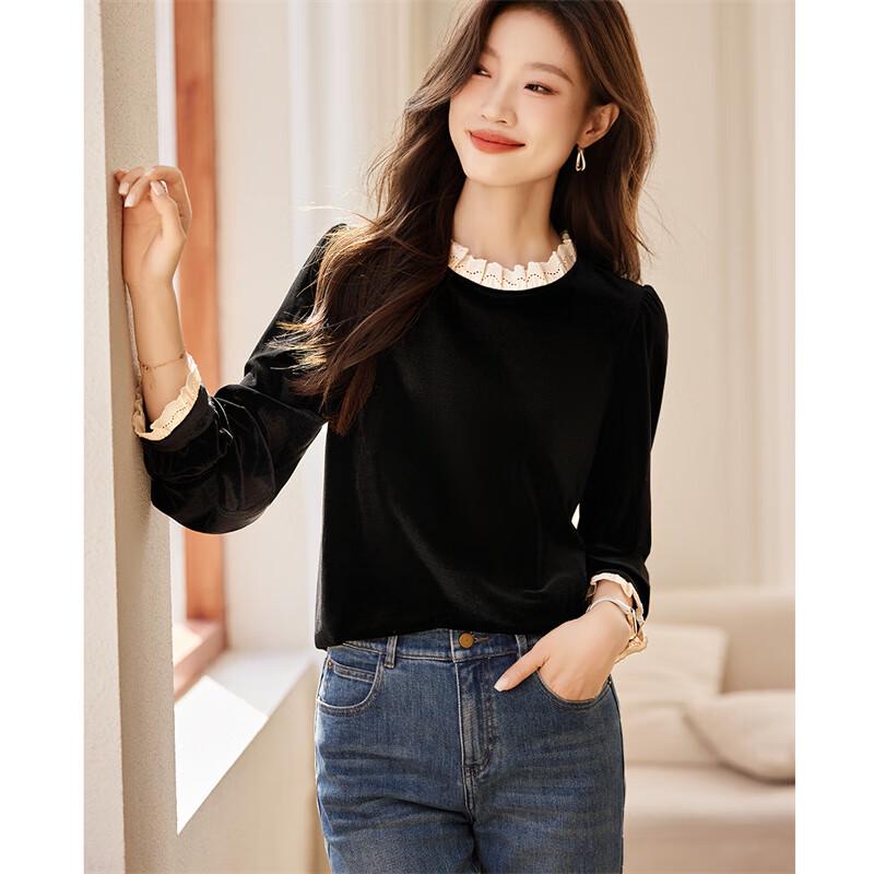 Elegant Velvet Long Sleeve Blouse with Lace Trim