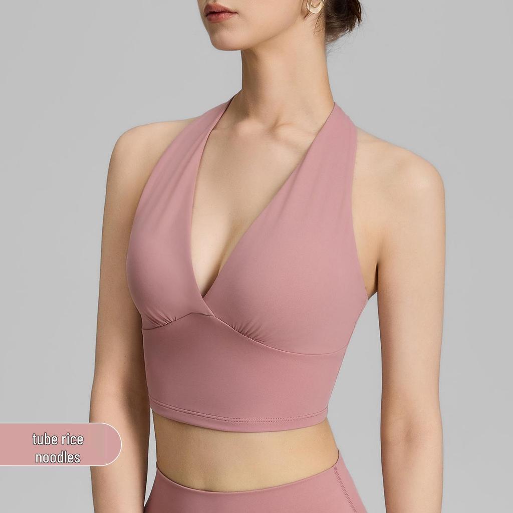 Spring Women's V-neck Sports Bra & Halterneck Yoga Tank Top with Fixed Cups - Supports Underarm Fat