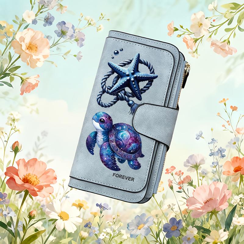 1 Piece Turtle Starfish Women's Long Wallet Tri-fold Card Holder with Multiple Slots Printed Zipper Wallet Cash ID Credit Card Organizer for Travel