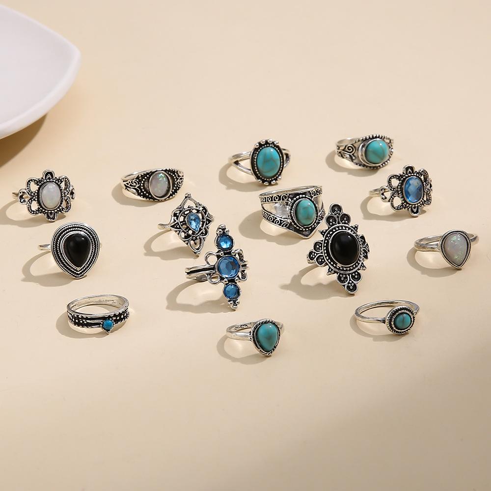 Cat's Eye Ethnic Style Turquoise Ring Blue and Black Ring 14-piece Ring Set