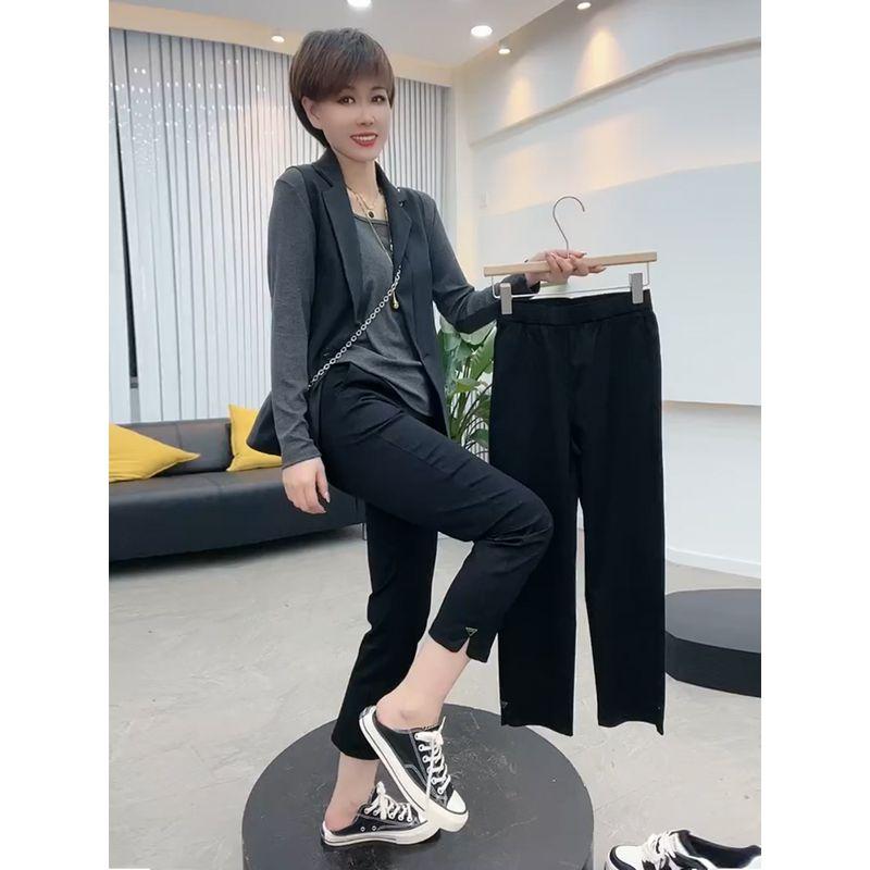 

European Goods Elastic High Waist Petite Suit Casual Pants Black 3XL