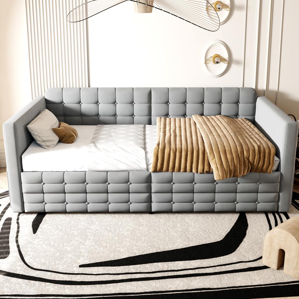 Upholstered Sofa Bed 90x190, Checkered Pattern, Storage Compartments On Sides, Two Drawers Under Bed, Guest or Single Bed, Velvet Fabric, Light Grey