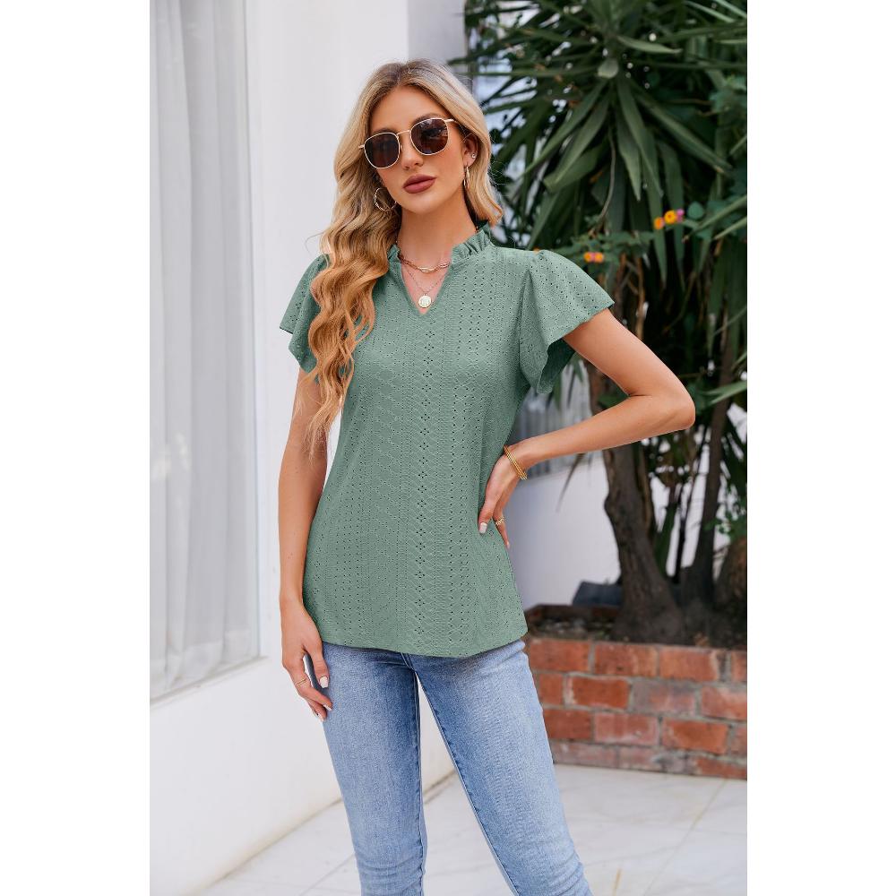 

DX — весенне-летняя женская одежда;s New Жаккардовая футболка с короткими рукавами и V-образным вырезом Lotus Leaf XXL