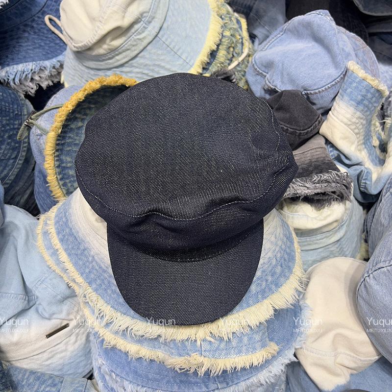 Flat top casual denim cap showing face small newsboy octagonal hat fashion shopping beret children shading trend