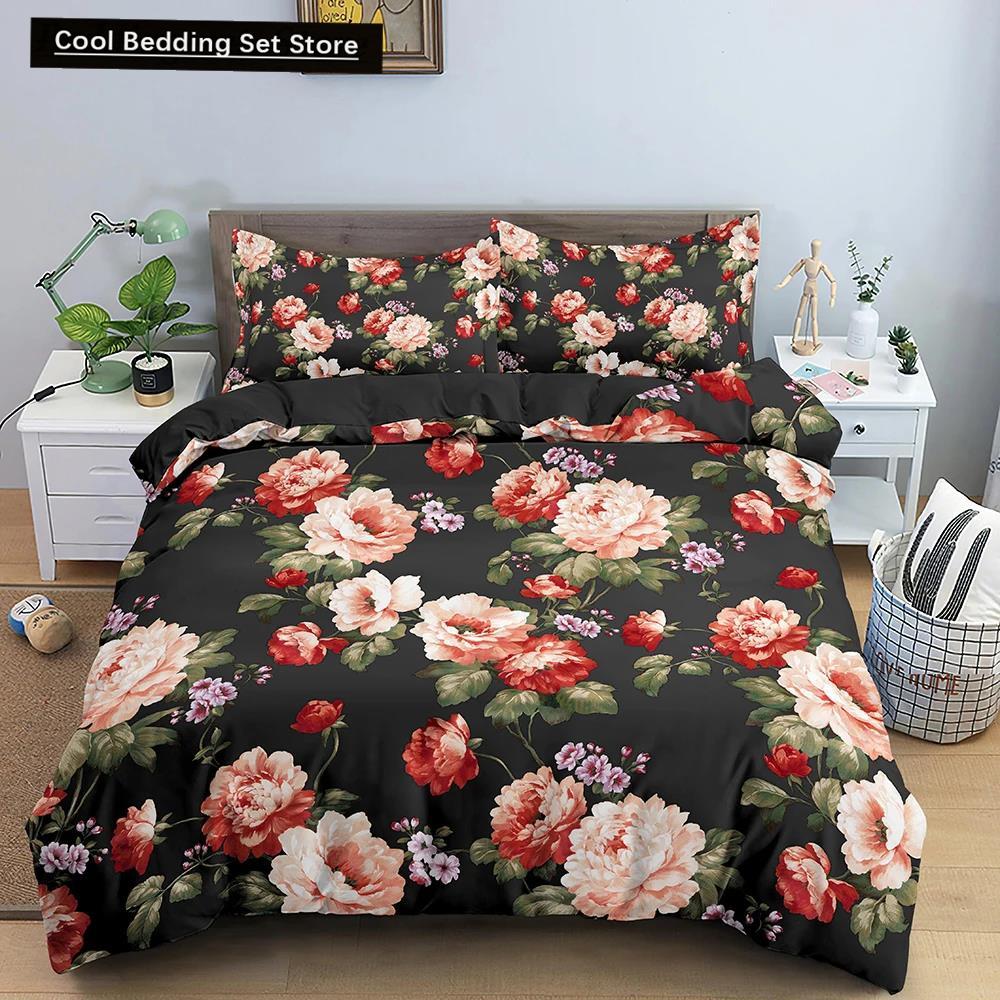 Comforter Flowers King Queen 3D Colorful Floral Printed Polyester Bedding Set For Teens Adults Women Leaves Soft