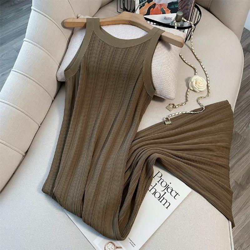 

Classic Style Retro Fancy Sleeveless Ice Silk Vest Dress for Women Summer below-the-Knee Tank Tops Long Knitting Dress Dark brown S