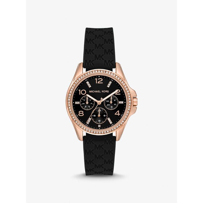 

Мини-часы Michael Kors Pilot с паве, покрытие из розового золота, силиконовый ремешок с логотипом MK7373 чёрный
