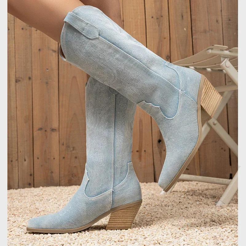 Fashion Fashion Denim Pointed Toe Knee-High Boots Women Hand Embroidery Design Western Square High Heels Autumn Winter Shoes Botas Mujer