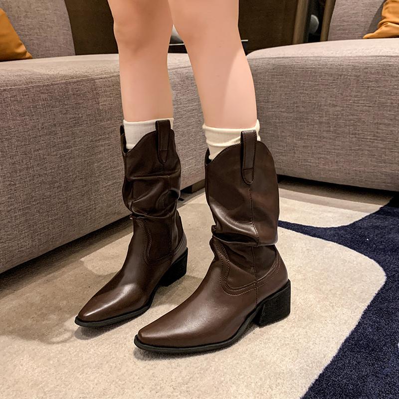 2025 New Style High Heels Mid Calf Pleated Boots for Women Autumn Winter Leather Western Boots Woman Thick Heeled Boots