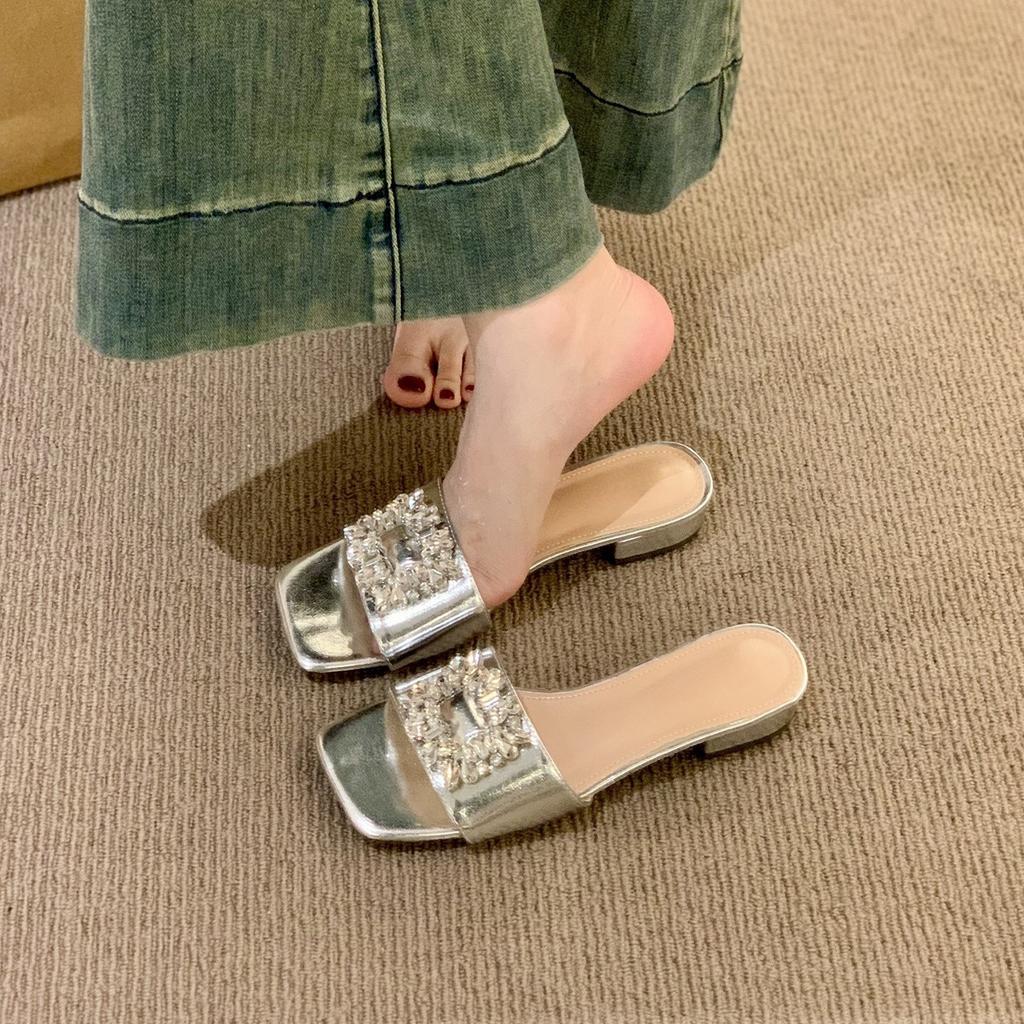 French thick heel silver temperament square buckle rhinestone one-word cool slippers women's shoes wear 2025 summer vacation sandals