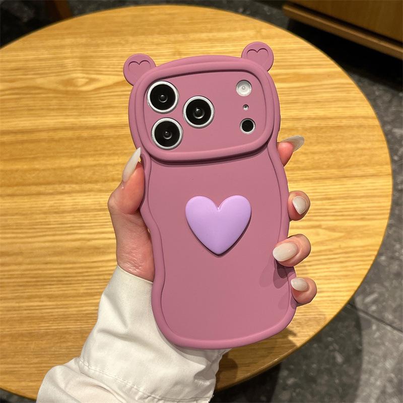 Cute Bear Ear Protective Case for iPhone 11/13/14/15/16/17 Pro with Heart Design