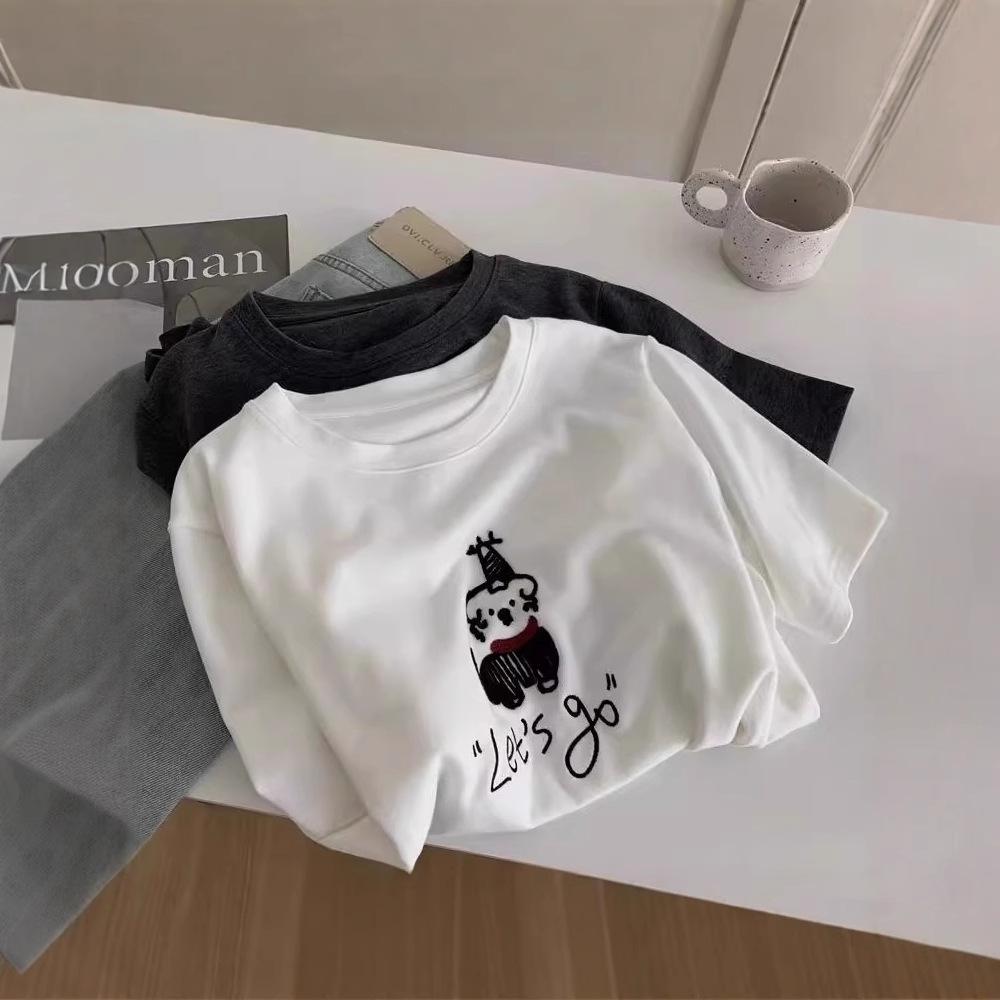 Graues besticktes Welpen Damen Casual Locker Kurzarm T-Shirt, Frühjahr 2025 Kollektion