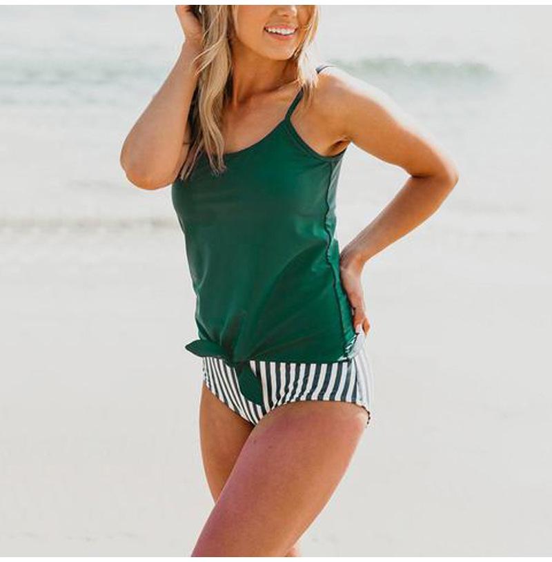 European & American Striped Women's Two-Piece Conservative Tankini Swimsuit