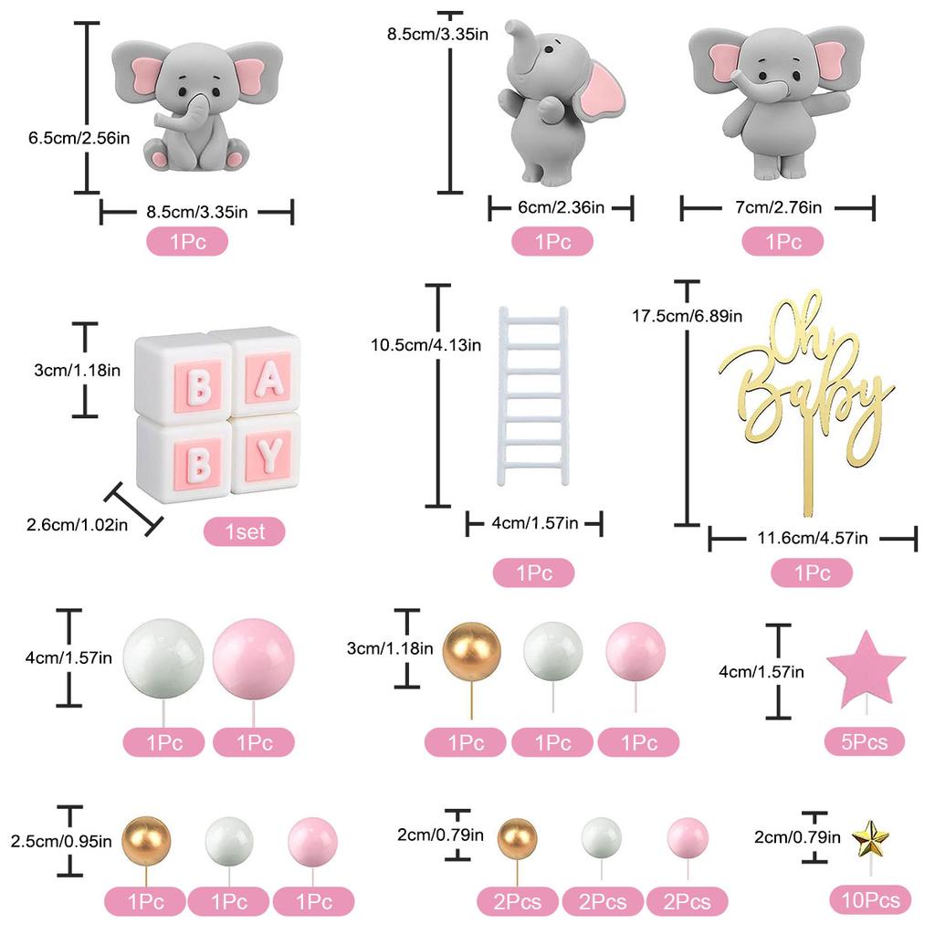 35-teiliges Set rosa Elefanten-Kuchenaufsätze, Mini-Kuchendekorationen, Cupcake-Aufsätze, rosa-weiße Perlenkugeln für Mädchen-Babyparty-Geburtstag