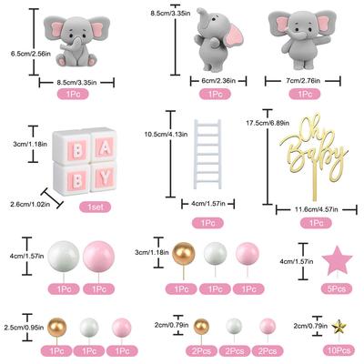 35pcs Pink Elephant Cake Toppers Mini Cake Decorations Cupcake Toppers Pink White Pearl Ball for Girl Baby Shower Birthday