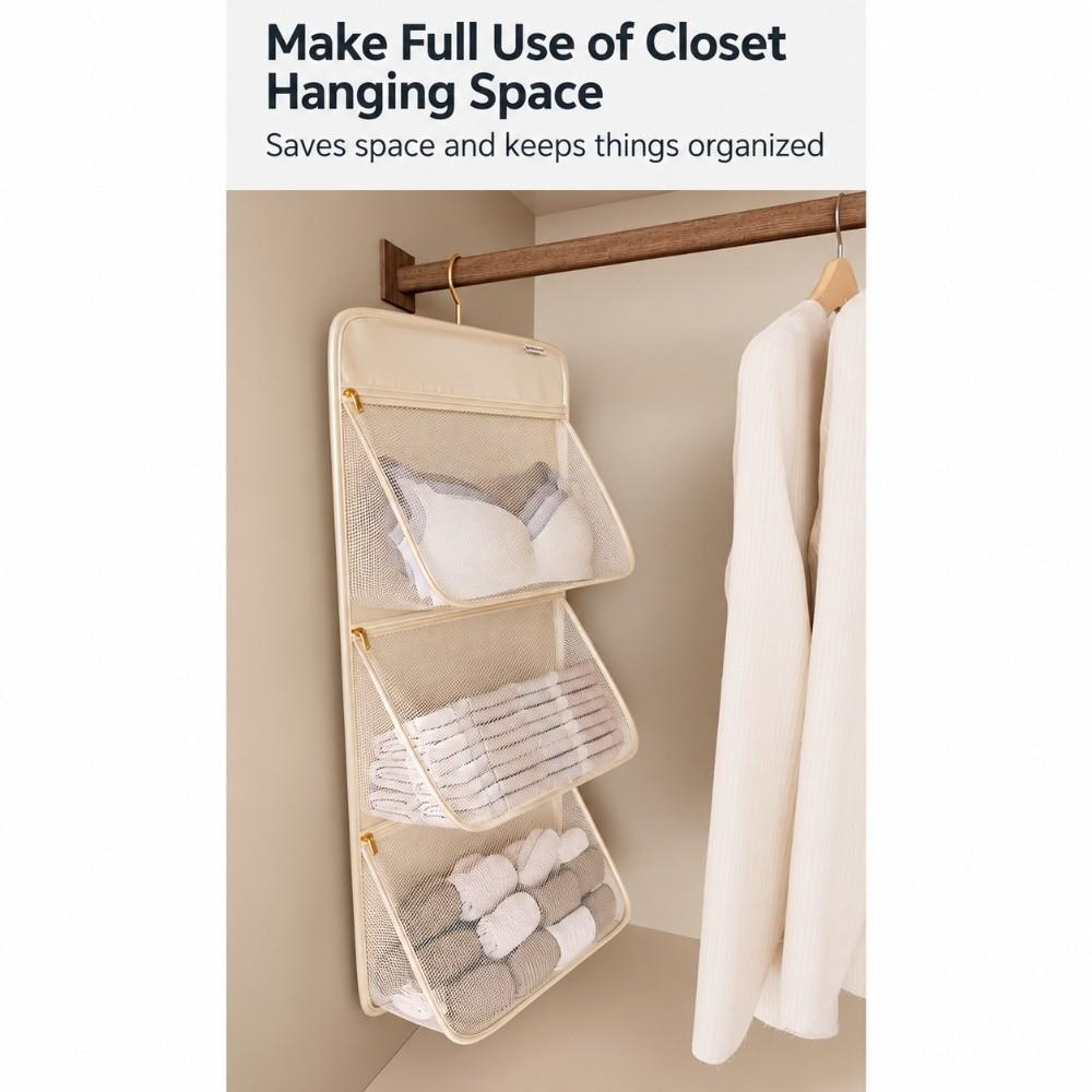 Large Capacity Underwear Net Pocket 1/2/3 Tier Mesh Storage Bag Hanging Closet Organizer Wardrobe
