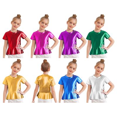 Dívčí kostým na cheerleadingový tanec Metalický top s peplum Krátký rukáv Lesklé tričko na vystoupení