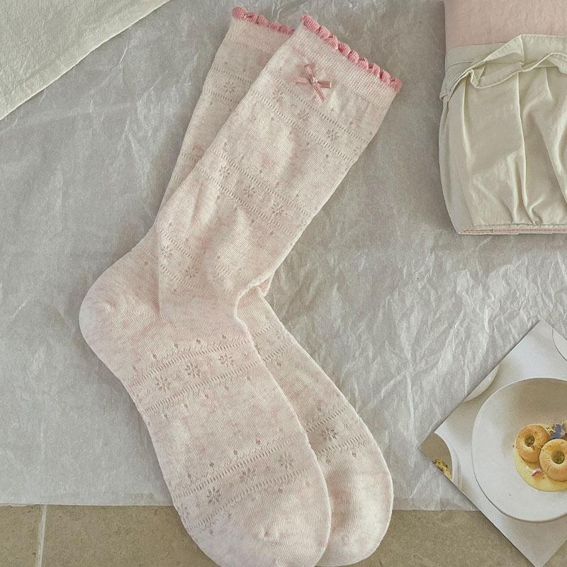 

Floral Bowed Socks - Women s Mid-length Socks. Spring/Summer Lightweight Open-patterned Pile Socks. Summer Stockings. 1 pair рожевий