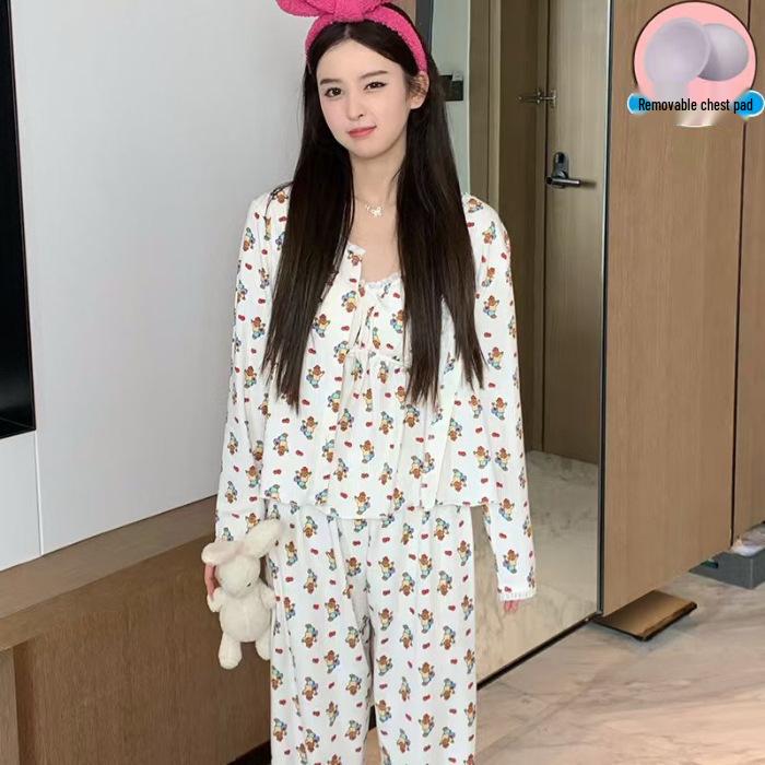 Women's 3-Piece Japanese Polka Dot Pajama Set - Long Sleeve Cardigan, Versatile for Spring/Autumn, Suitable for Home or Outdoors