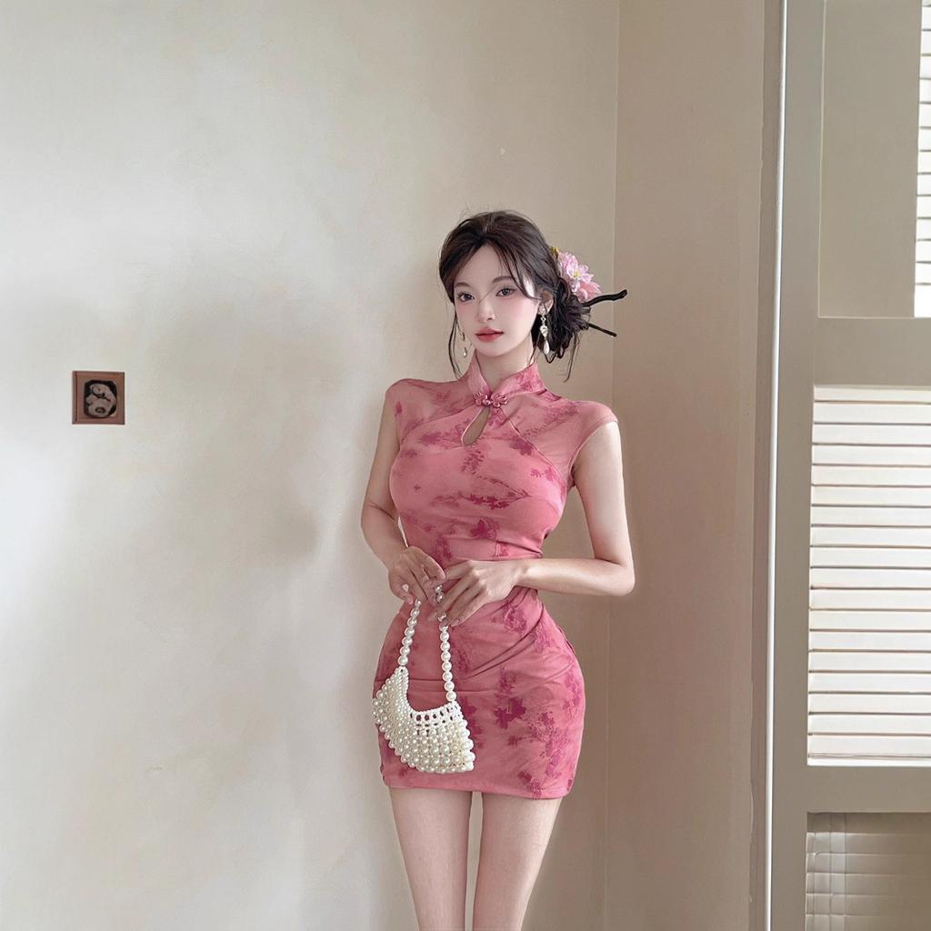 Summer new sexy celebrity mesh stitching lace hip-wrapped short bottom tight cheongsam dress women