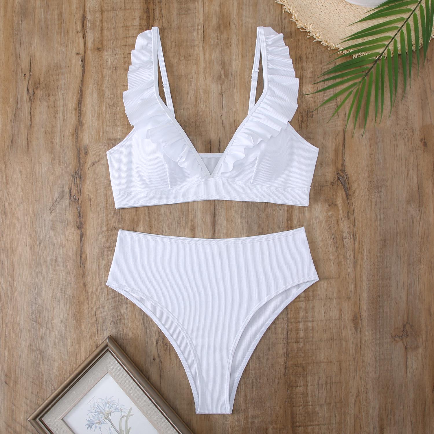 

Women s Striped Ruffle Shoulder High-Waisted Bikini Small