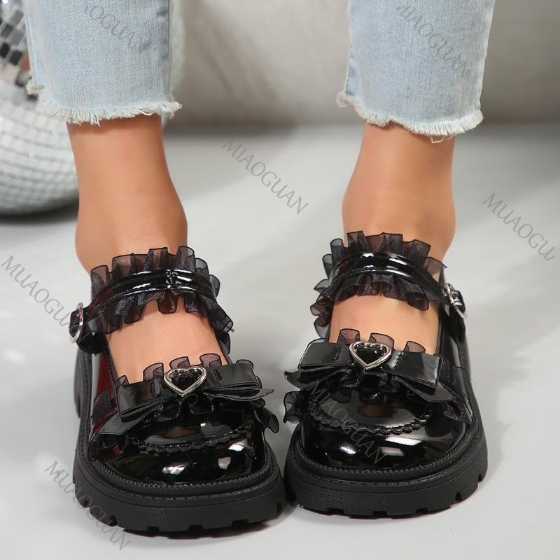 Fashion Japanese Sweet Lolita Women's Shoes Black Spring Autumn Thick Bottom Leather Mary Jane Pumps Casual Lace Belt Buckle Single Shoe